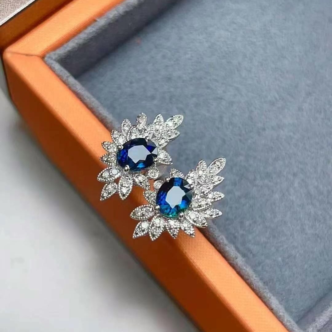 14k Gold 1.1 Ct Natural Sapphire & Diamond Earrings - 3