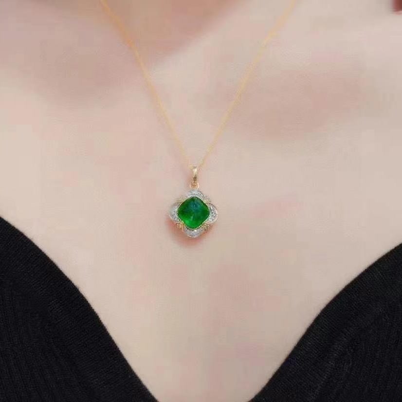 14k Gold 4.20 Ctw Vivid Green Natural Emerald & Diamond Pendant( Without Chain ) - 4