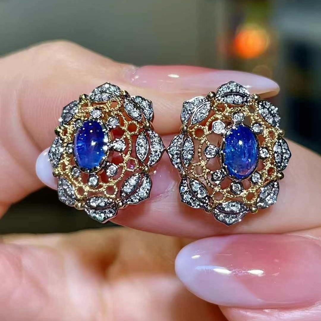 14k Gold 1.68 Ctw Natural Sapphire & Diamond Earrings - 3