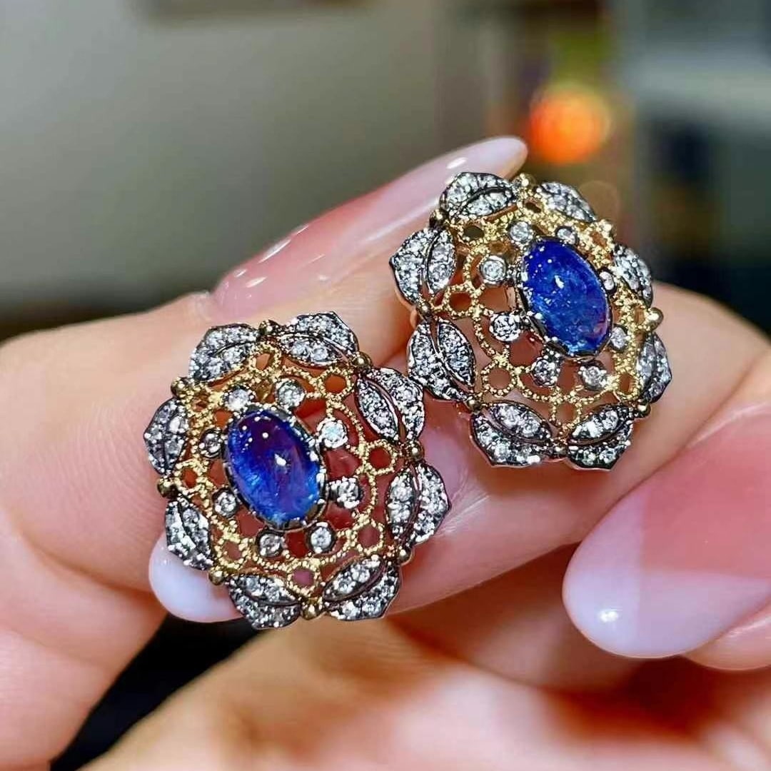 14k Gold 1.68 Ctw Natural Sapphire & Diamond Earrings - 4