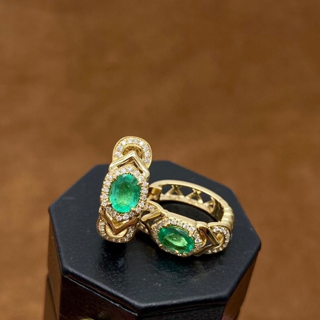 14k Gold 0.52 Ct Natural Emerald & Diamond Earrings - 2