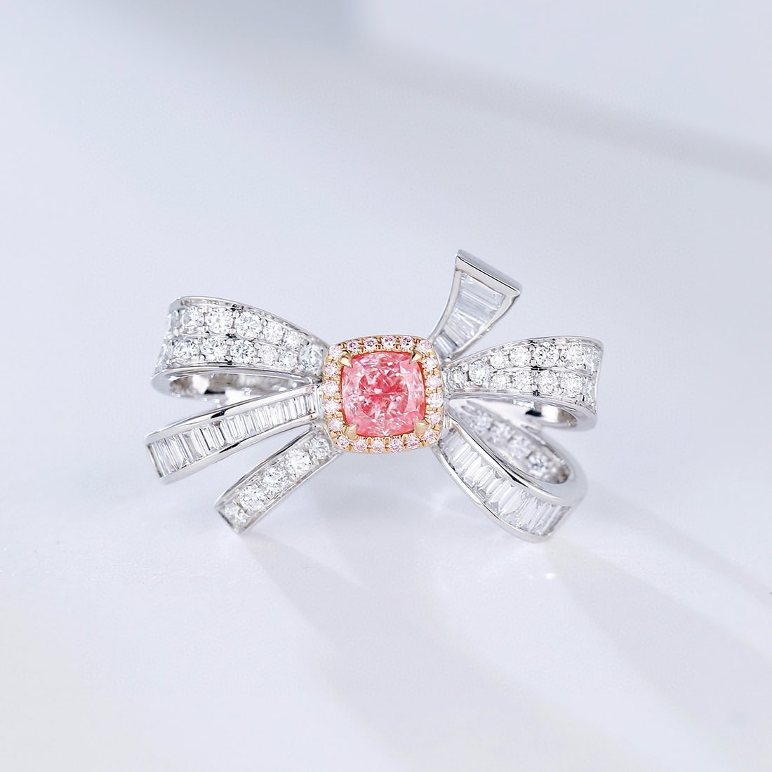 14k Gold 1.25 Ctw Natural Pink Diamond & Diamond Ring: Ref:230950005 // gold content:14k gold // ring size:7. 25us // // main gemstone:pink diamond // shape:cushion // carat weight:0. 56ct // color:pink // treatment:natural // // adjacent gemstone 2 :