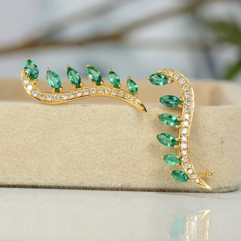 14k Gold 1.74 Ctw Natural Emerald & Diamond Earrings - 3