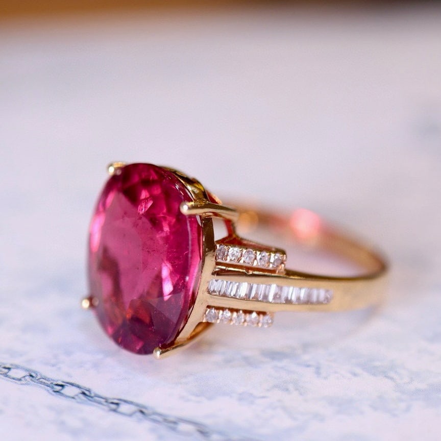 14k Gold 8.48 Ct Natural Tourmaline & Diamond Ring - 4