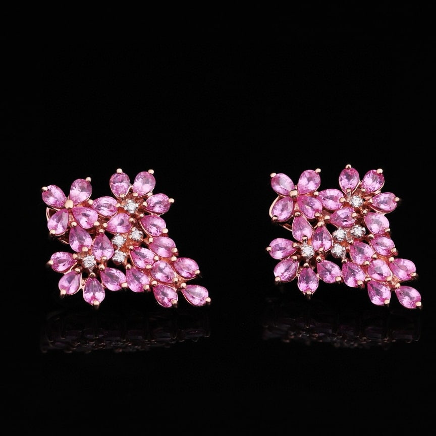 14k Gold 10 Ct Natural Padparadscha Sapphire & Diamond Earrings - 2