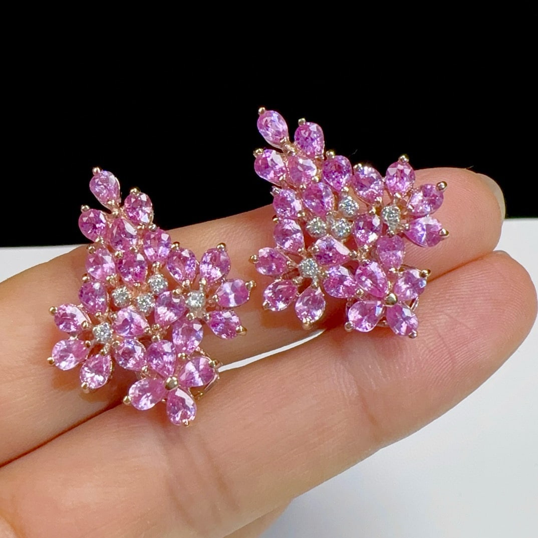 14k Gold 10 Ct Natural Padparadscha Sapphire & Diamond Earrings - 4