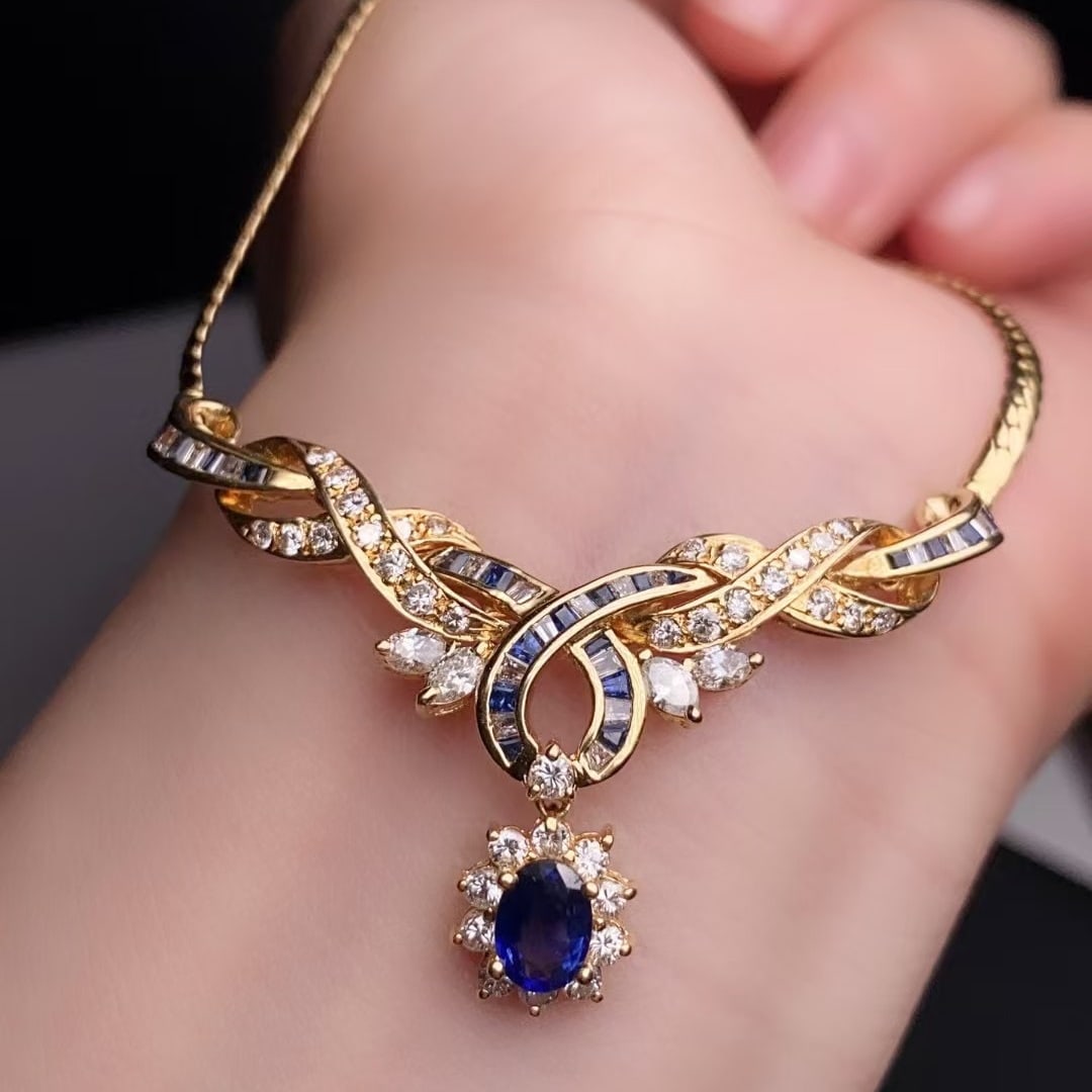 14k Gold 2.32 Ctw Natural Sapphire & Diamond Necklace - 4