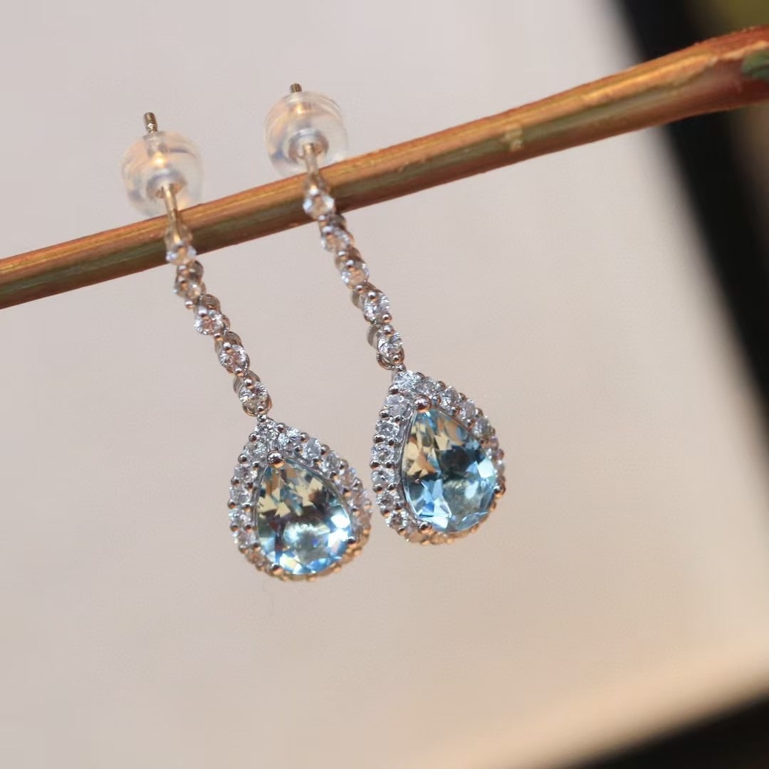 14k Gold 2.00 Ct Natural Aquamarine & Diamond Earrings - 5
