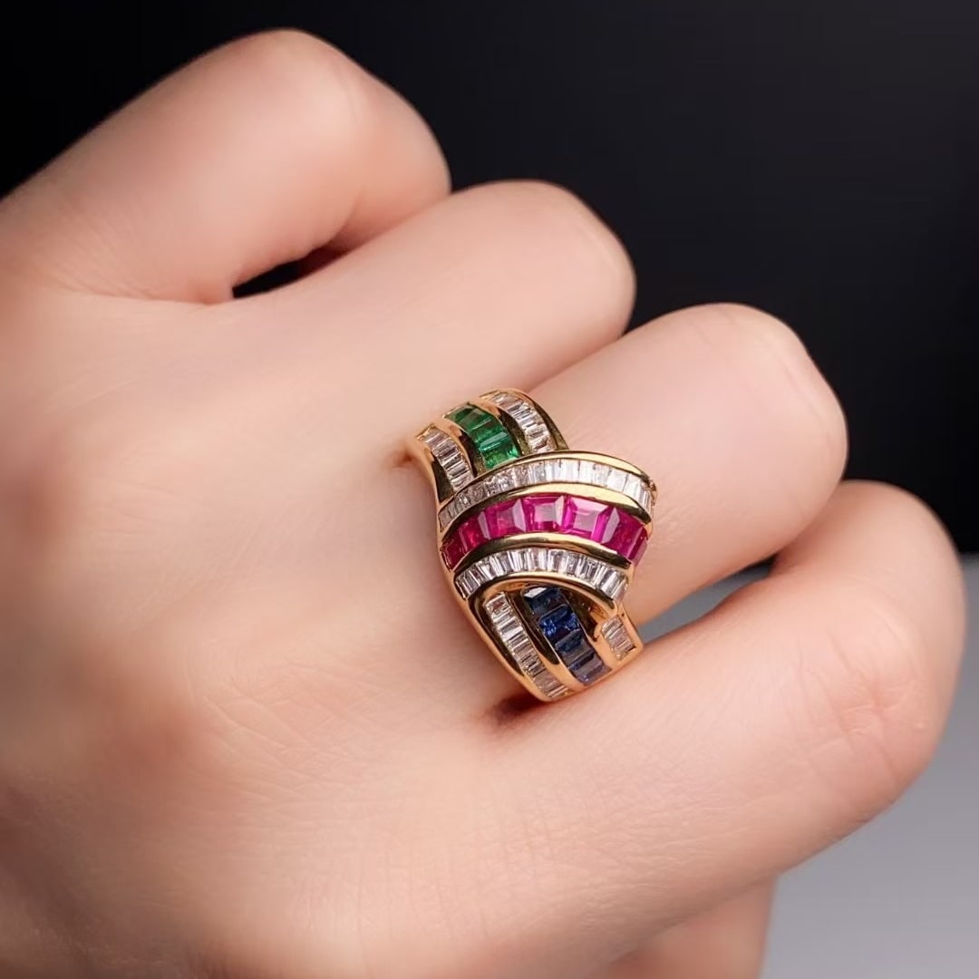 14k Gold 2.98 Ctw Natural Ruby & Sapphire & Emerald & Diamond Ring - 6