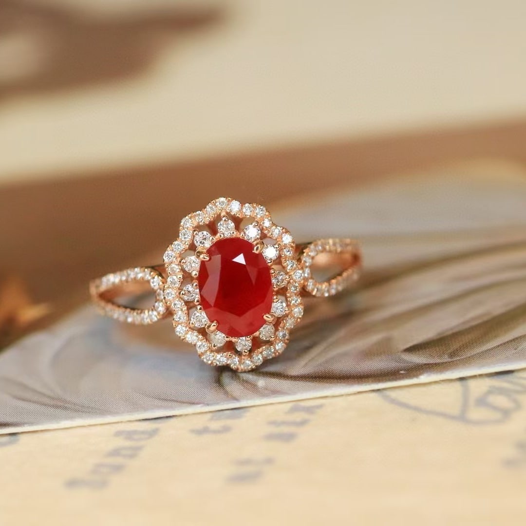 14k Gold 1.51 Ctw Natural Ruby & Diamond Ring: Ref:230950094 // gold content:14k gold // ring size:7. 25us // // main gemstone:ruby // shape:oval // carat weight:1. 10ct // color:pigeonblood red // treatment:natural // // adjacent gemstone 2 : dia