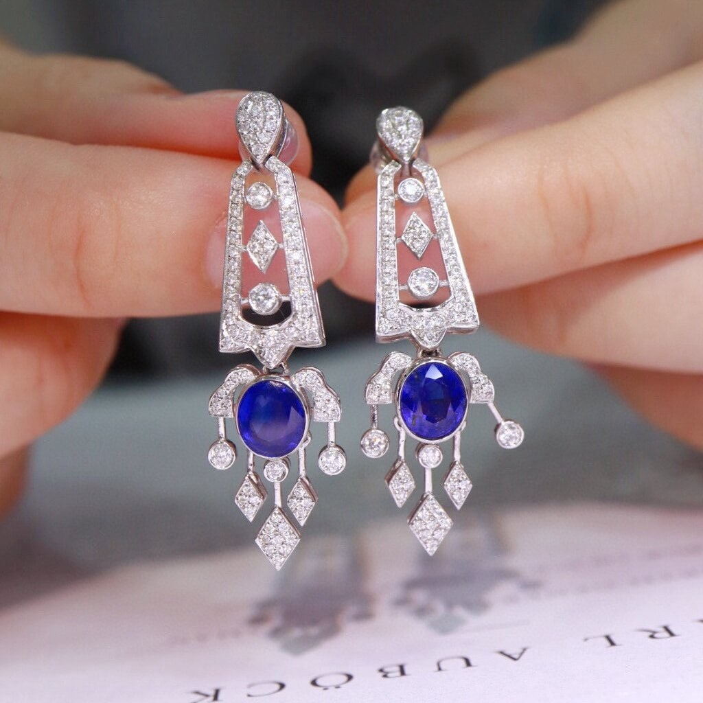 14k Gold 2.97 Ctw Natural Sapphire & Diamond Earrings - 4