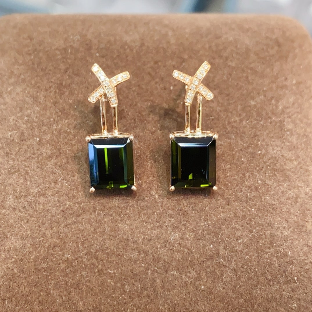 14k Gold 4.58 Ctw Natural Tourmaline & Diamond Earrings - 2