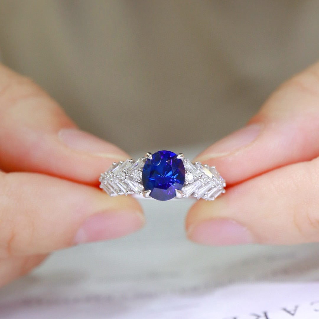 14k Gold 2.9 Ctw Natural Sapphire & Diamond Ring: Ref:230950118 // gold content:14k gold // ring size:7. 25us // // main gemstone:sapphire // shape:oval // carat weight:2. 1ct // color:royal blue // treatment:natural // // adjacent gemstone 2 :