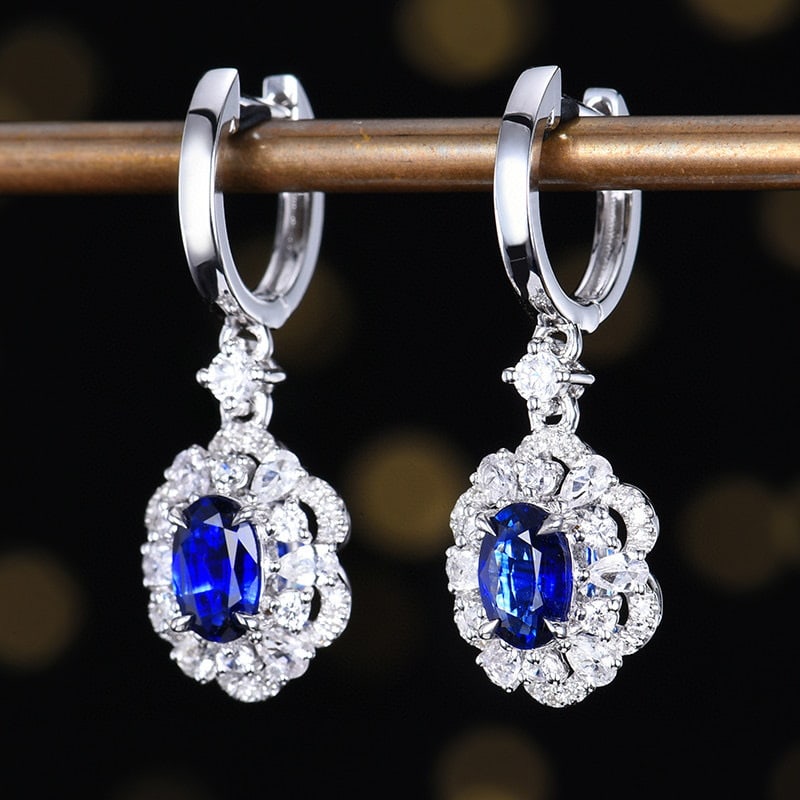 14k Gold 1.05 Ctw Vivid Blue Natural Sapphire & Diamond Earrings - 2