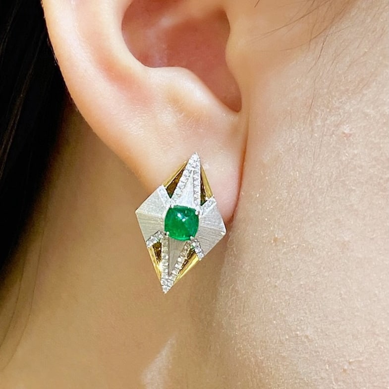 14k Gold 1.21 Ctw Vivid Green Natural Emerald & Diamond Earrings - 2