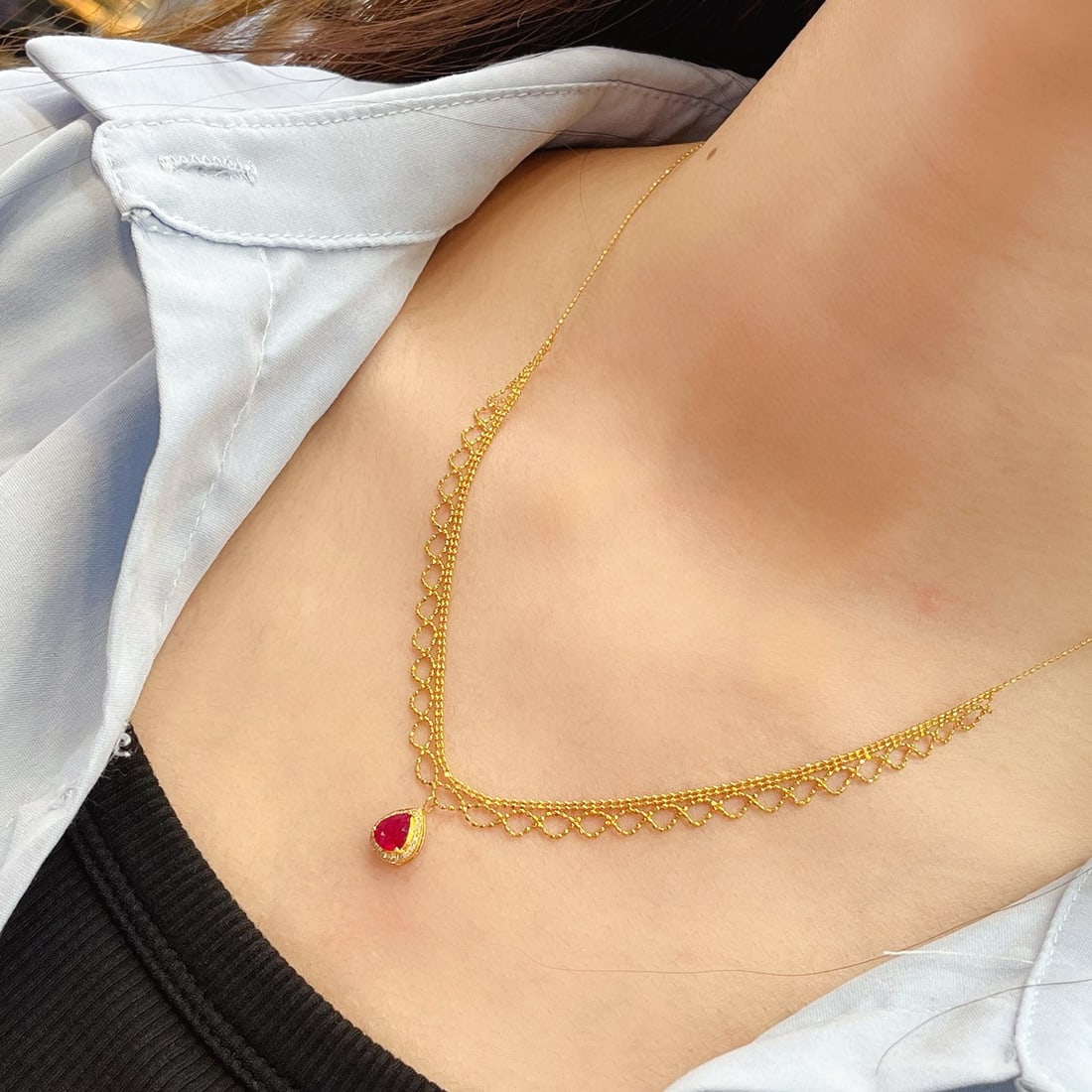 14k Gold 1.10 Ct Natural Ruby & Diamond Necklace - 6