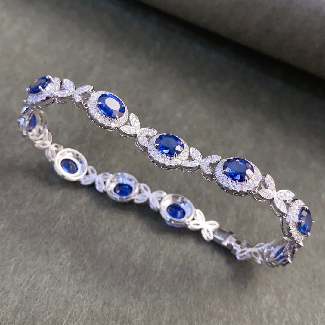 14k Gold 9.83 Ctw Vivid Blue Natural Sapphire & Diamond Bracelet (1 of 7)