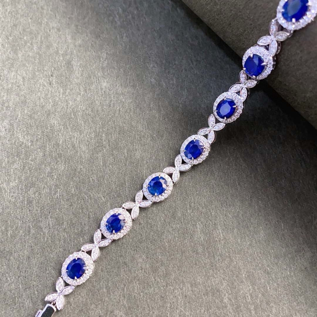 14k Gold 9.83 Ctw Vivid Blue Natural Sapphire & Diamond Bracelet - 2