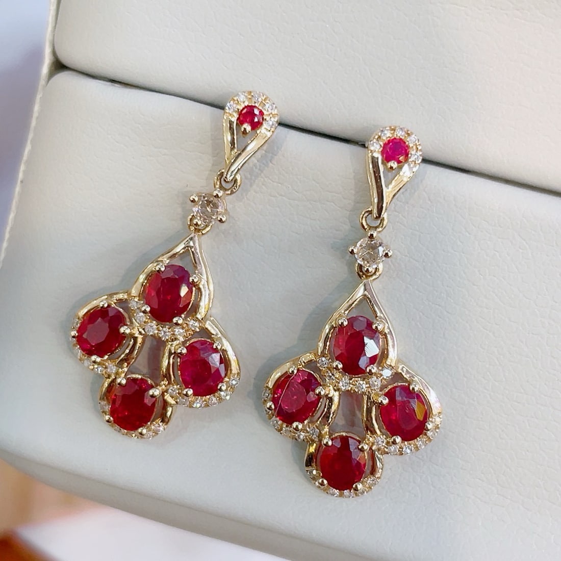 14k Gold 2.10 Ct Natural Ruby & Diamond & Sapphire Earrings - 2