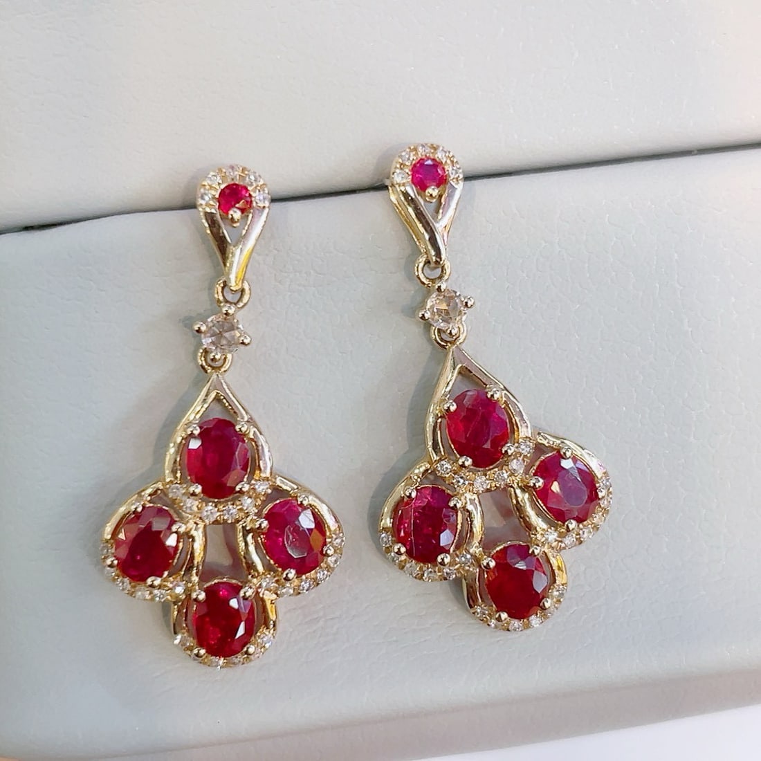 14k Gold 2.10 Ct Natural Ruby & Diamond & Sapphire Earrings - 4