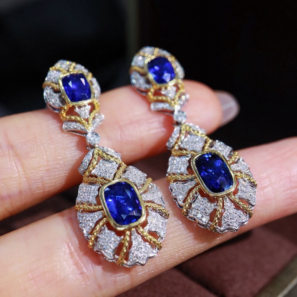 14k Gold 5.00 Ctw Natural Sapphire & Diamond Earrings - 2