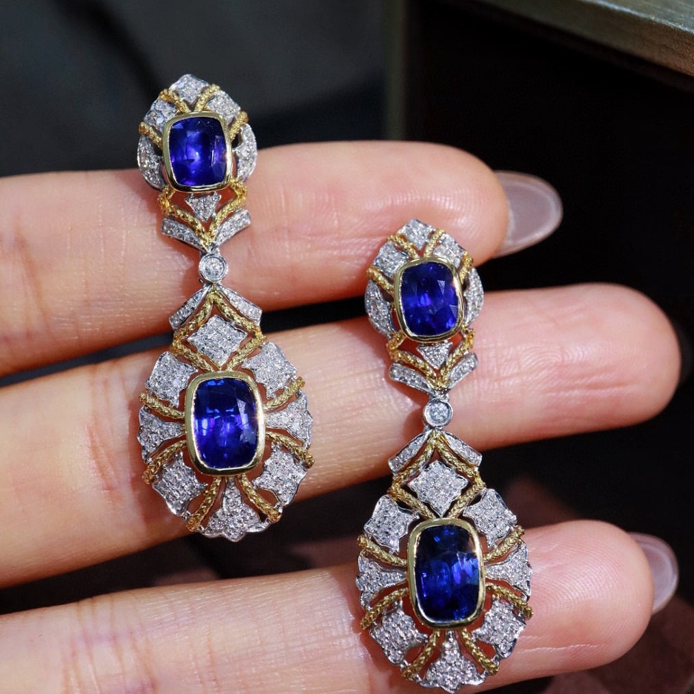 14k Gold 5.00 Ctw Natural Sapphire & Diamond Earrings - 3