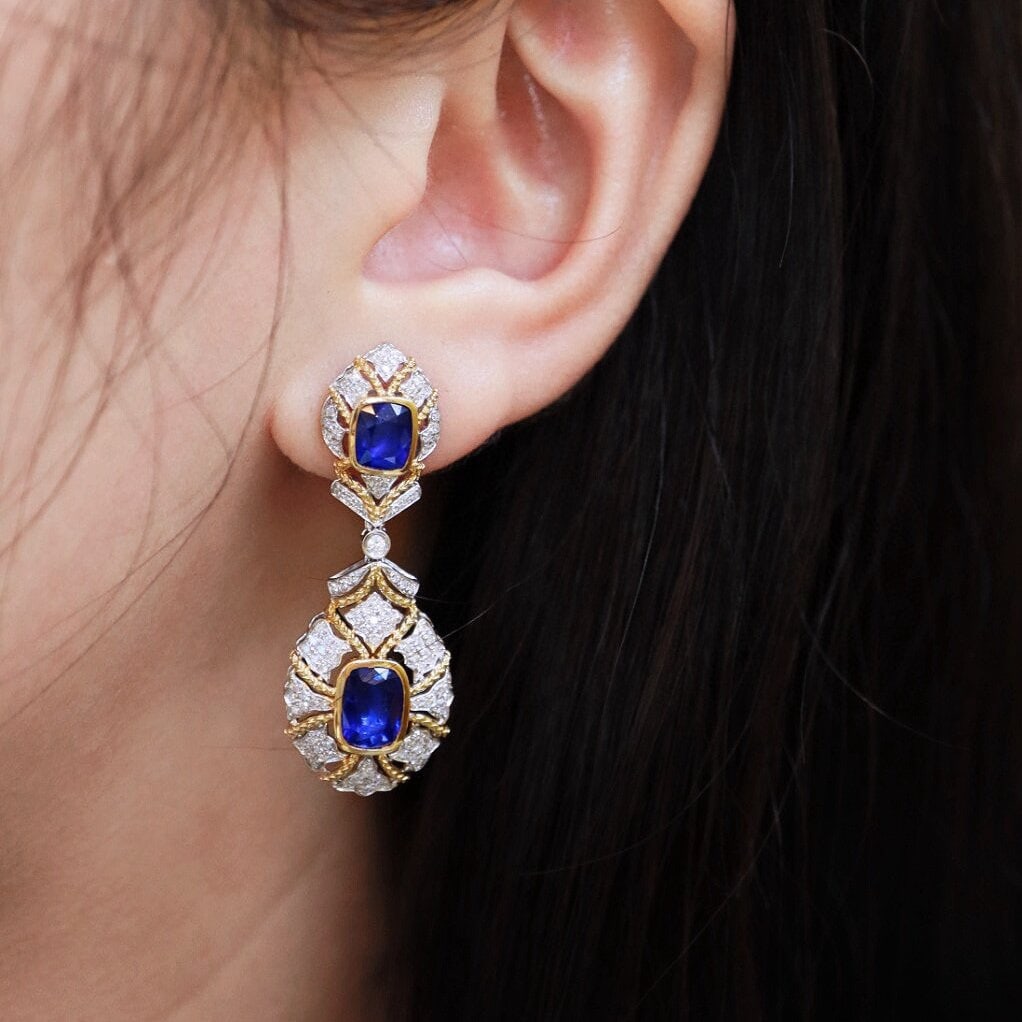 14k Gold 5.00 Ctw Natural Sapphire & Diamond Earrings - 8
