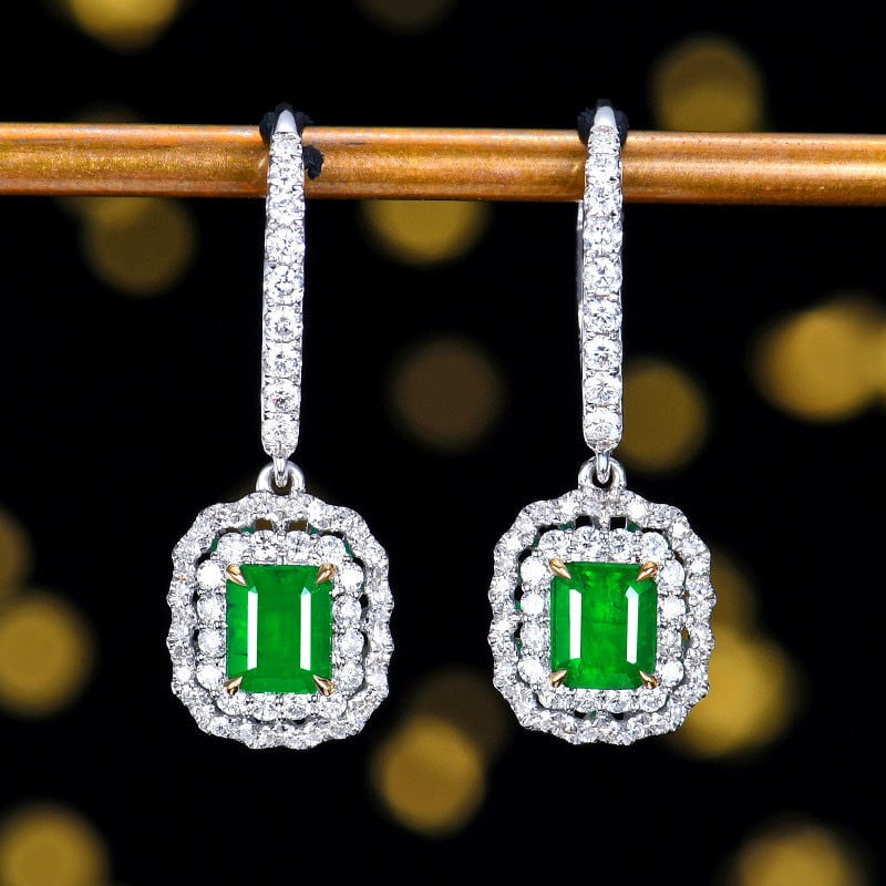 14k Gold 1.88 Ctw Vivid Green Natural Emerald & Diamond Earrings: Ref:230950240 // gold content:14k gold // main gemstone:emerald // shape:octagonal // carat weight:1. 15ct // color:vivid green // treatment:natural // // adjacent gemstone 2 : diamond // number of st