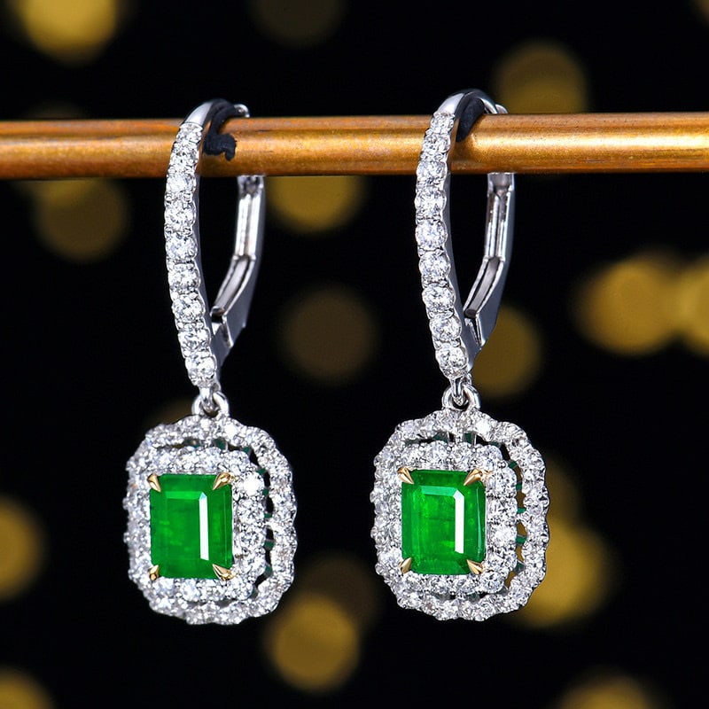 14k Gold 1.88 Ctw Vivid Green Natural Emerald & Diamond Earrings - 2