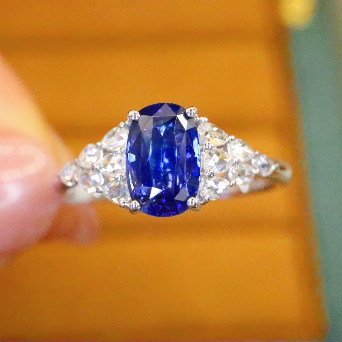 14k Gold 1.42 Ctw Natural Sapphire & Diamond Ring: Ref:230950246 // gold content:14k gold // ring size:7. 25us // // main gemstone:sapphire // shape:oval // carat weight:1. 20ct // color:royal blue // treatment:natural // // adjacent gemstone 2 :