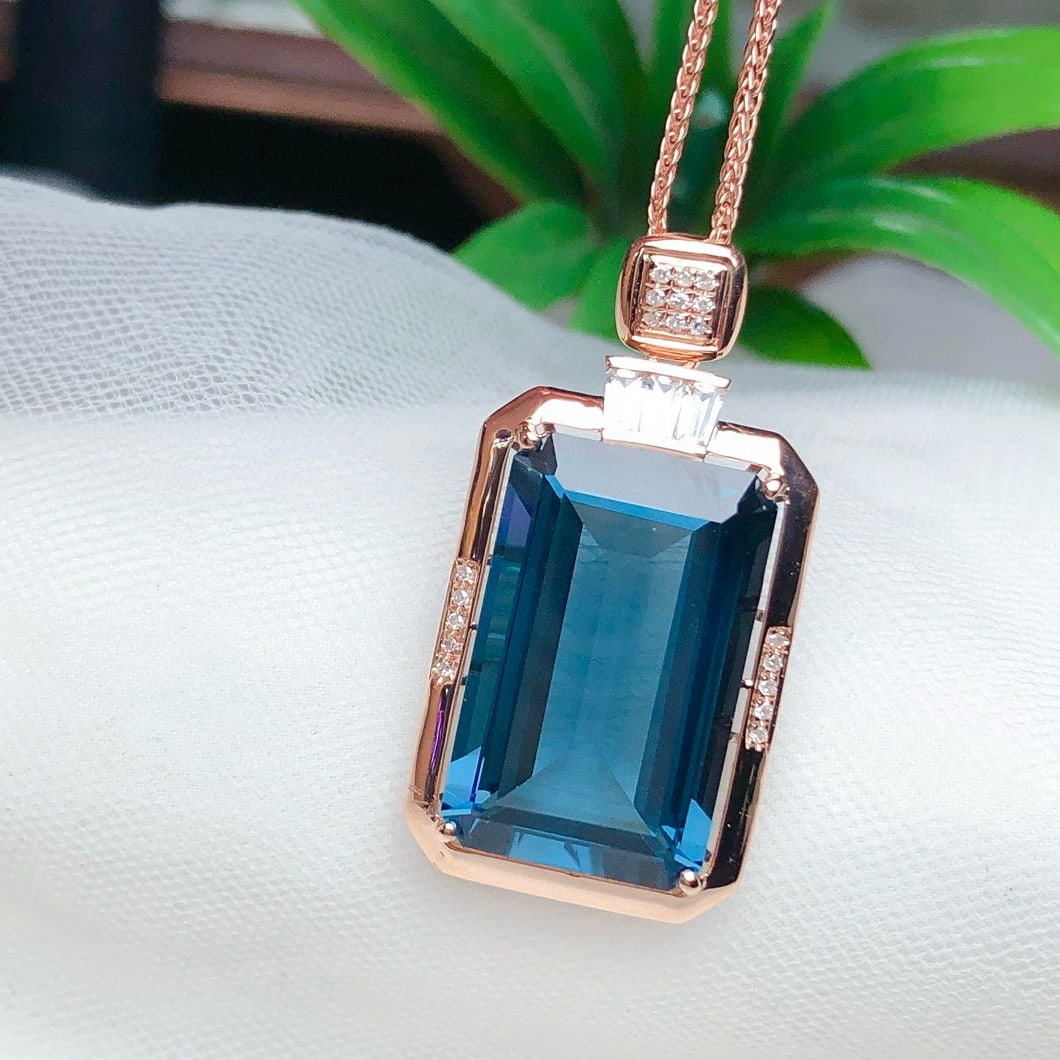 14k Gold 14.45 Ct Natural Topaz & Diamond & Sapphire Pendant( Without Chain ) - 3
