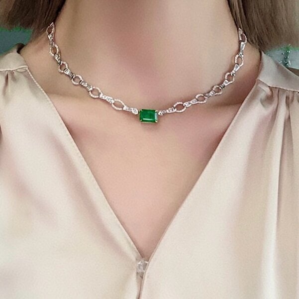 14k Gold 8.26 Ctw Vivid Green Natural Emerald & Diamond Necklace - 5