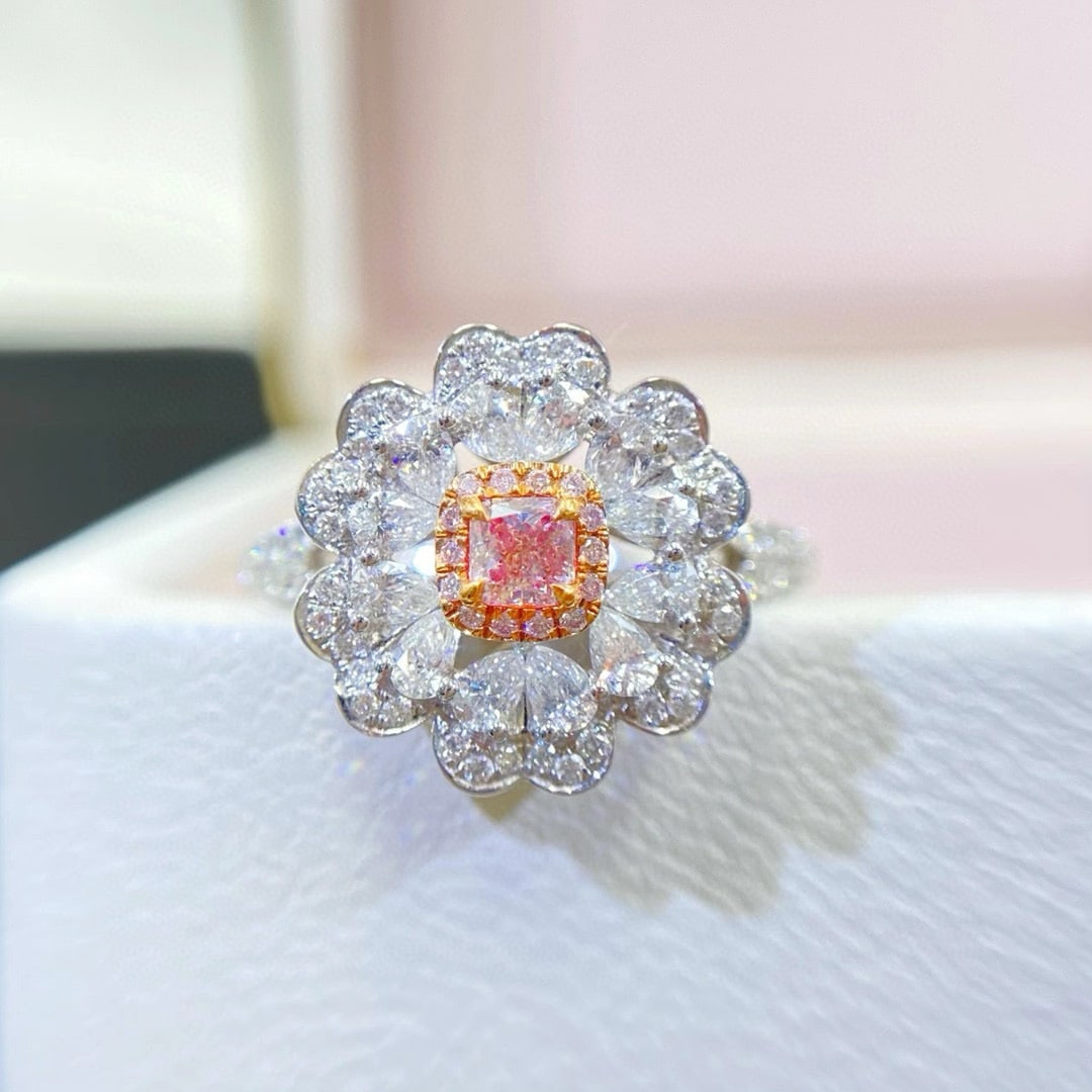 14k Gold 0.82 Ctw Natural Pink Diamond & Diamond Ring: Ref:230950272 // gold content:14k gold // ring size:7. 25us // // main gemstone:pink diamond // shape:cushion // carat weight:0. 16ct // color:pink // treatment:natural // // adjacent gemstone 2 :