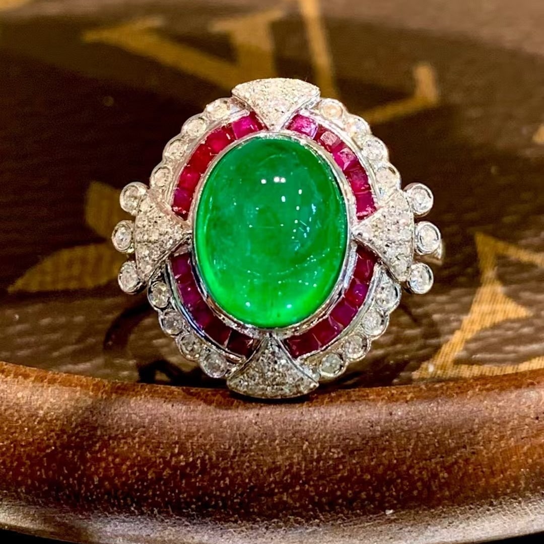 14k Gold 3.5 Ct Vivid Green Natural Emerald & Diamond & Ruby Ring - 3