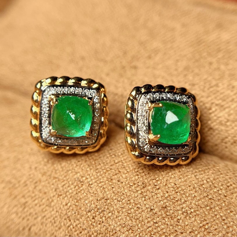 14k Gold 1.20 Ct Natural Emerald & Diamond Earrings - 2