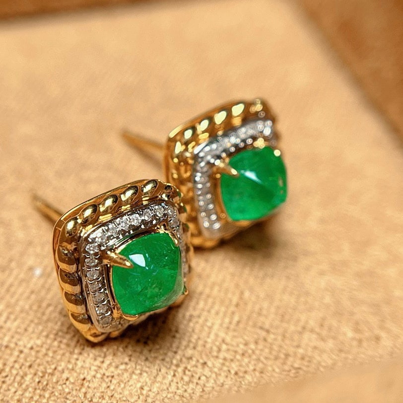 14k Gold 1.20 Ct Natural Emerald & Diamond Earrings - 3