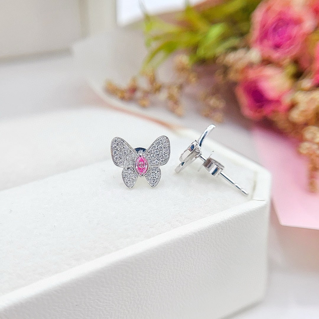 14k Gold 0.30 Ctw Natural Pink Diamond & Diamond & Butterfly Earrings - 2