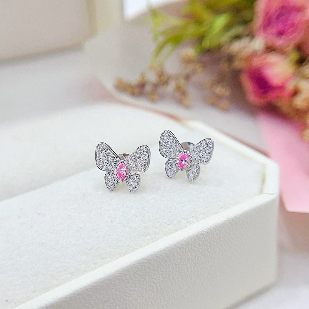 14k Gold 0.30 Ctw Natural Pink Diamond & Diamond & Butterfly Earrings - 3