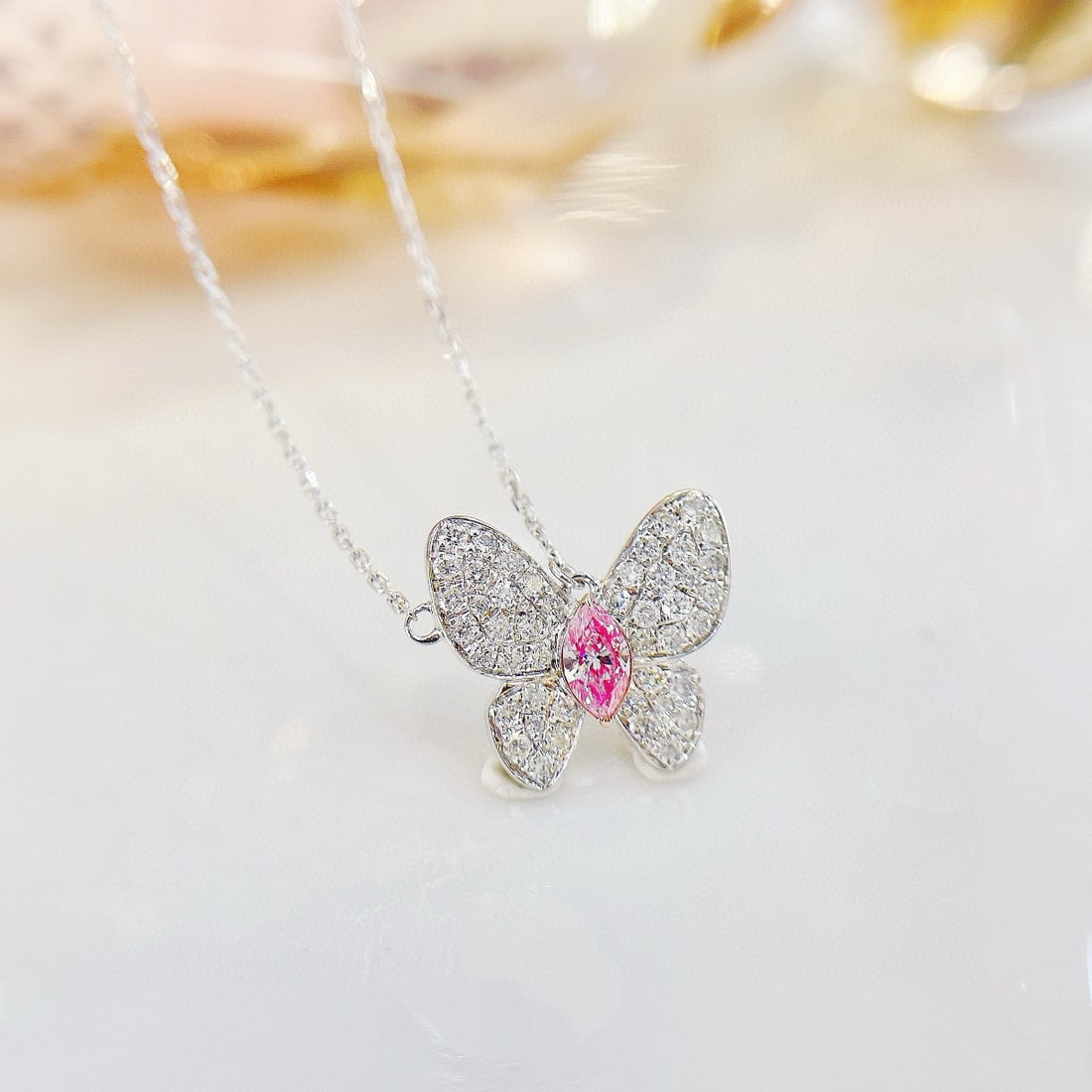 14k Gold 0.37 Ctw Natural Pink Diamond & Diamond & Butterfly Necklace - 3