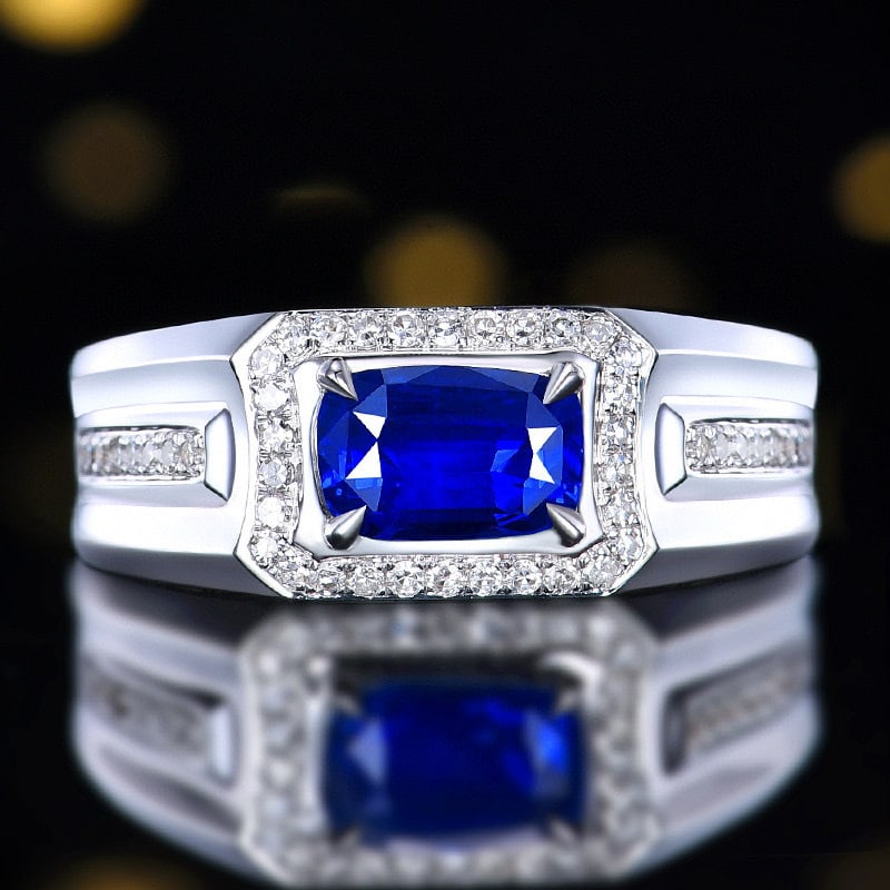 14k Gold 1.76 Ctw Natural Sapphire & Diamond Ring: Ref:230950301 // gold content:14k gold // ring size:7. 25us // // main gemstone:sapphire // shape:cushion // carat weight:1. 53ct // color:royal blue // treatment:natural // // adjacent gemstone 2
