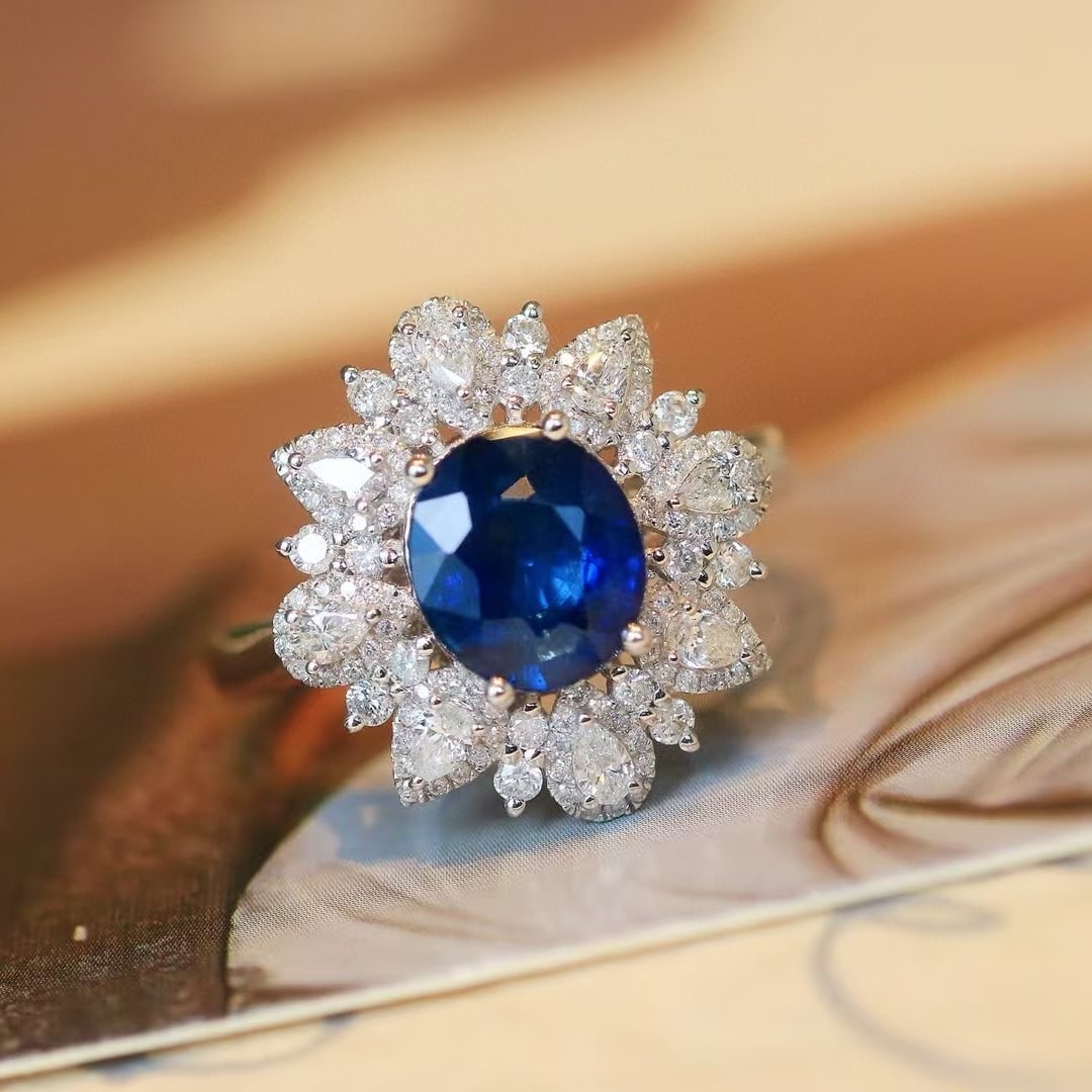 14k Gold 3.60 Ctw Natural Sapphire & Diamond Ring: Ref:230950306 // gold content:14k gold // ring size:7. 25us // // main gemstone:sapphire // shape:oval // carat weight:2. 90ct // color:royal blue // treatment:natural // // adjacent gemstone 2 :