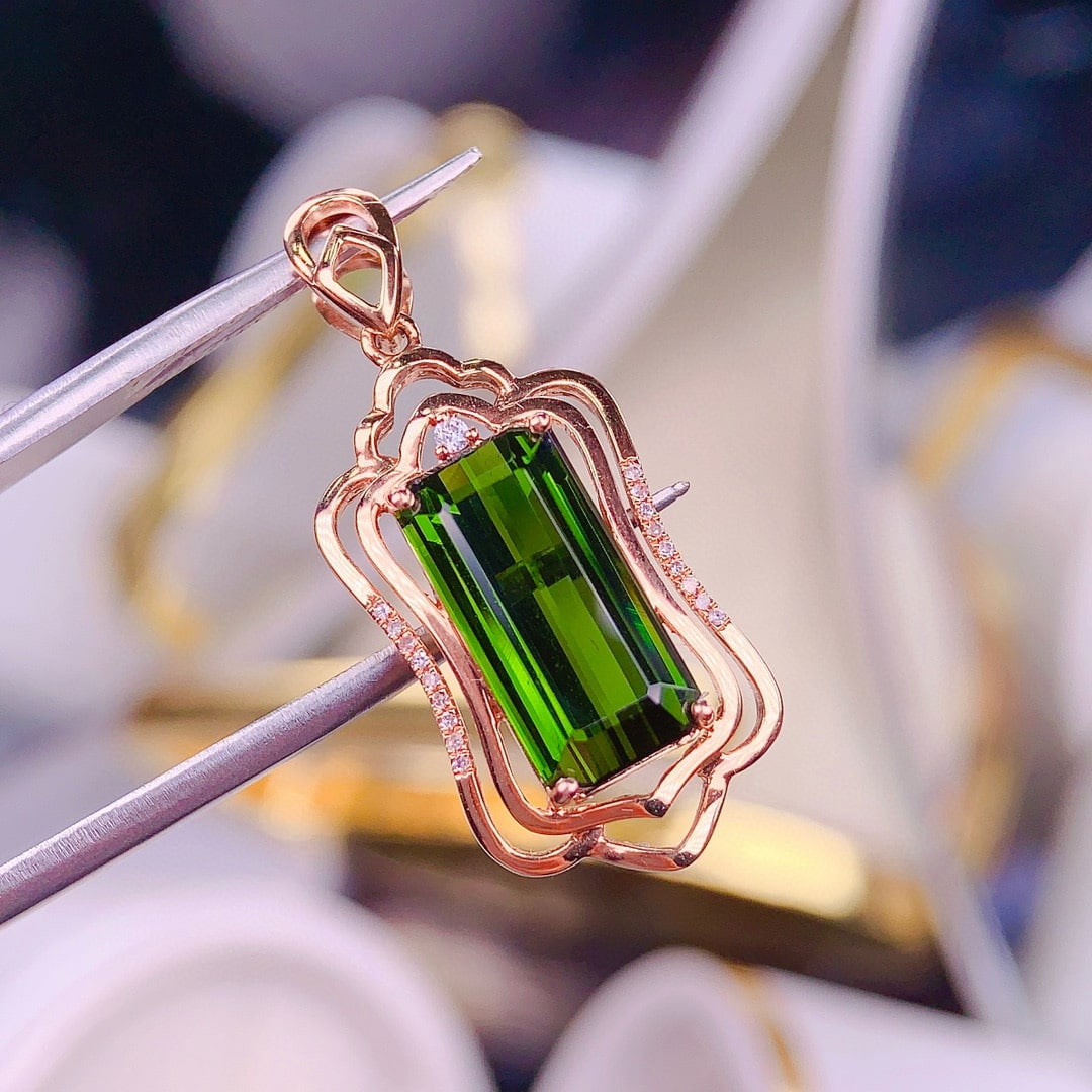 14k Gold 3.8 Ct Natural Tourmaline & Diamond Pendant( Without Chain ) - 2