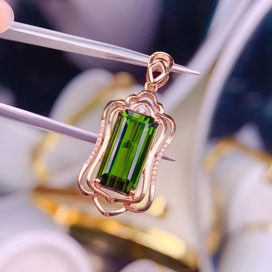 14k Gold 3.8 Ct Natural Tourmaline & Diamond Pendant( Without Chain ) - 5