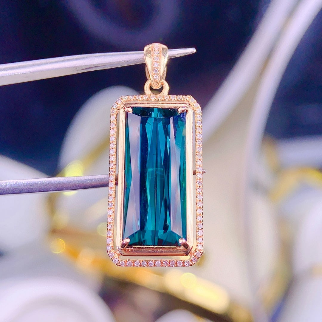 14k Gold 8.9 Ct Natural Tourmaline & Diamond Pendant( Without Chain ) - 6