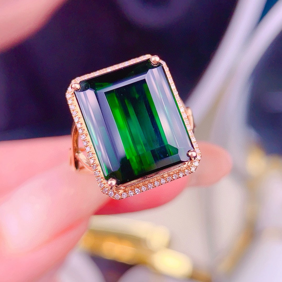 14k Gold 14 Ct Natural Tourmaline & Diamond Ring - 3