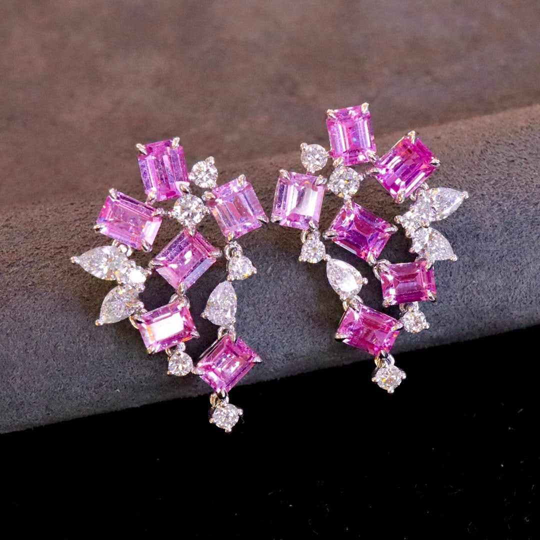 14k Gold 3.70 Ct Natural Padparadscha Sapphire & Diamond Earrings - 2