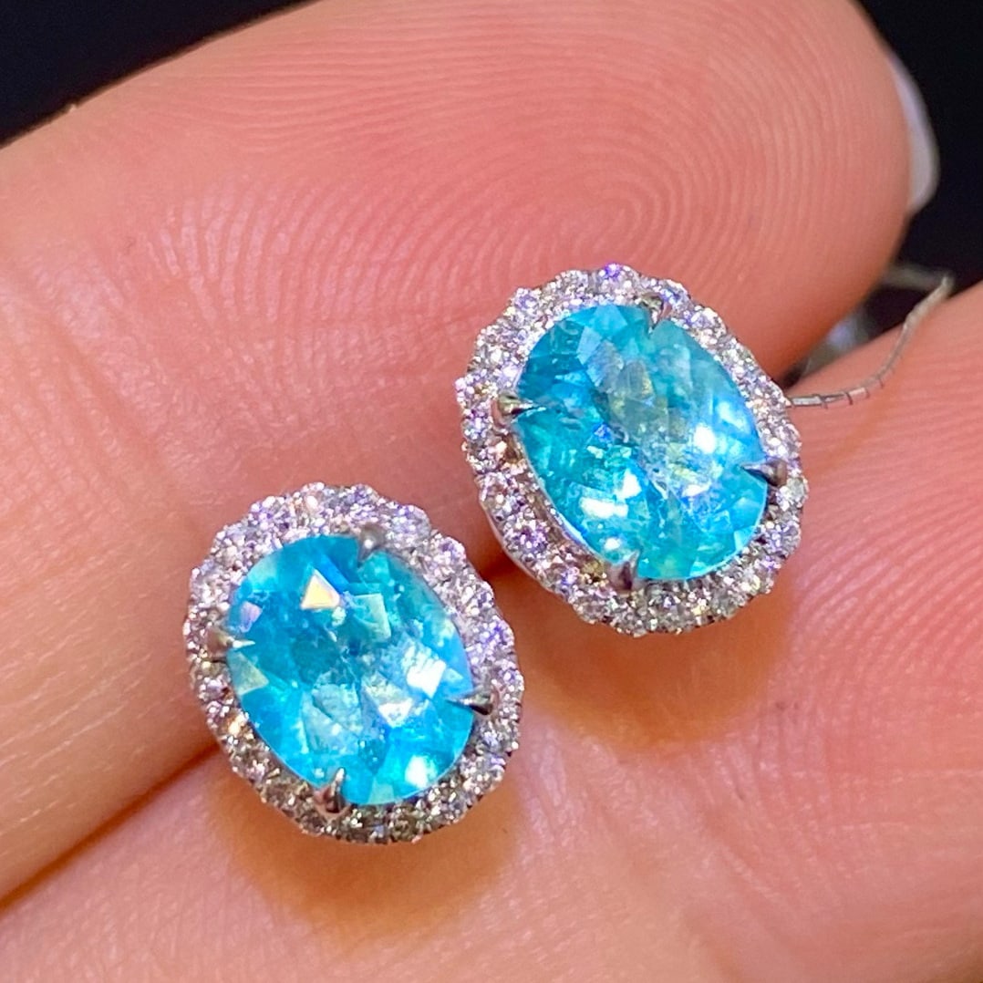 14k Gold 1.30 Ctw Natural Paraiba Tourmaline & Diamond Earrings - 3