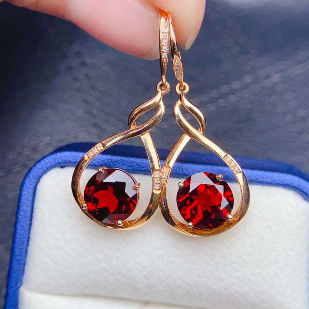 14k Gold 7.2 Ct Natural Garnet & Diamond Earrings - 2