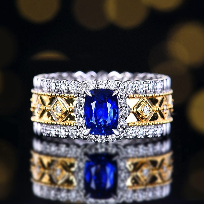 14k Gold 1.56 Ctw Natural Sapphire & Diamond Ring: Ref:230950398 // gold content:14k gold // ring size:7. 25us // // main gemstone:sapphire // shape:cushion // carat weight:1. 2ct // color:royal blue // treatment:natural // // adjacent gemstone 2