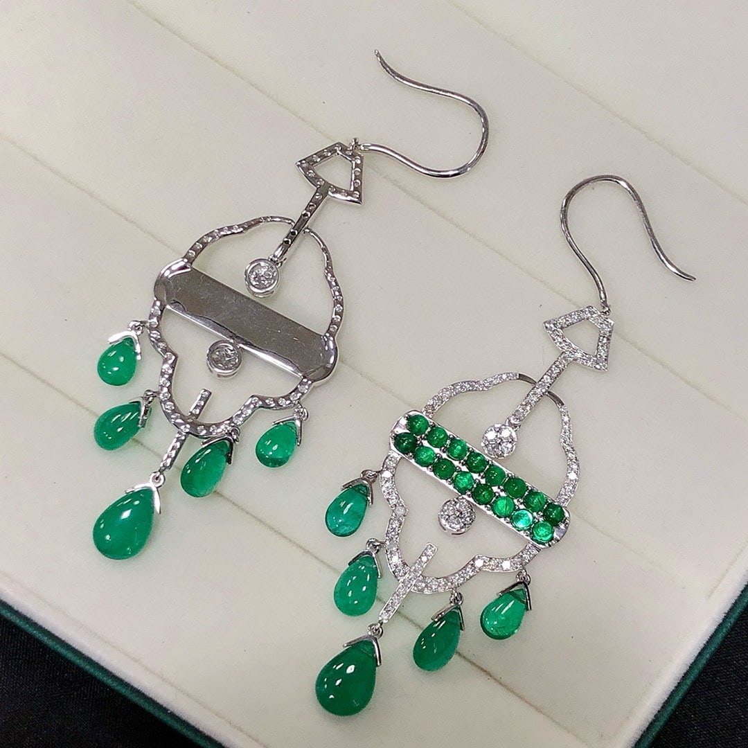 14k Gold 14.17 Ctw Natural Emerald & Diamond Earrings - 6